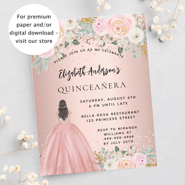Flyer Quinceanera rosa flores vestido invitación presupu (Subido por el creador)