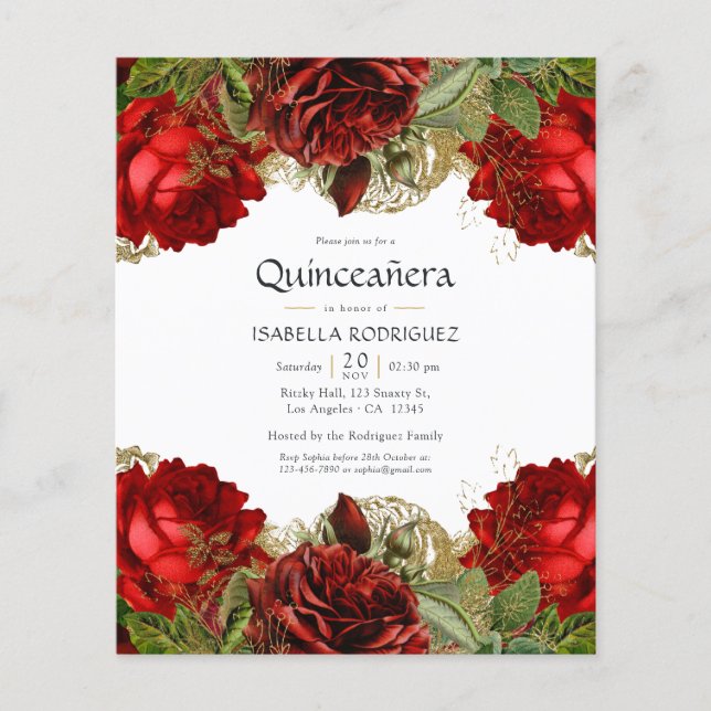 Flyer Quinceañera, Rosas de la cosecha de borgoña y oro (Frente)