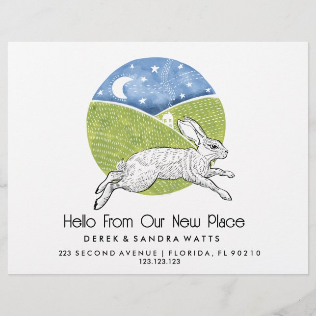 Flyer Rabbit  Lino Style Change of Address Card  (Frente)