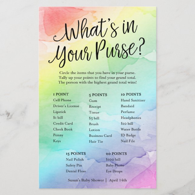 Flyer Rainbow What's in Your Purse Paper Game Card (Frente)