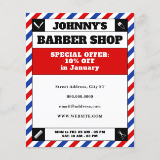 Flyer Rayas de barbería marco rojo y azul