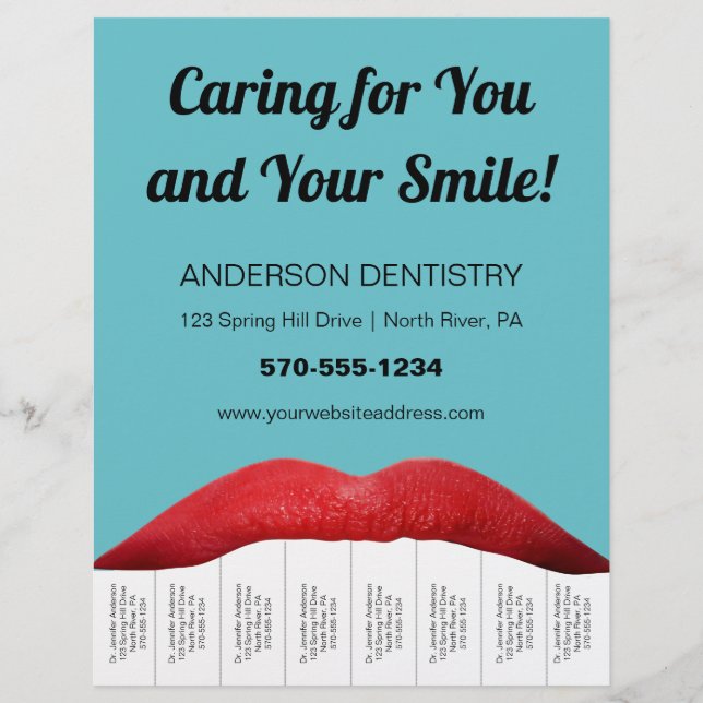 Flyer Red Lips White Teeth Dentist Office Tear Off Strip (Frente)
