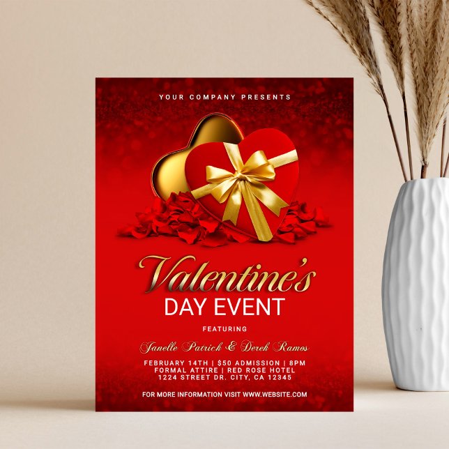 Flyer Red Valentine's Day Event Heart Box & Rose Petals (Subido por el creador)
