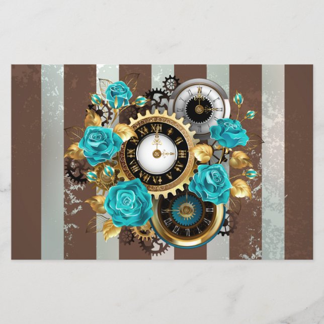 Flyer Reloj de vapor y Rosas turquesa a rayas (Frente)
