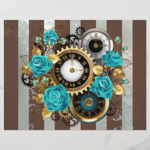 Flyer Reloj Steampunk y rosas turquesas a rayas