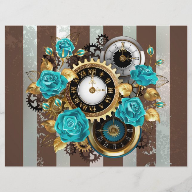 Flyer Reloj Steampunk y rosas turquesas a rayas (Frente)