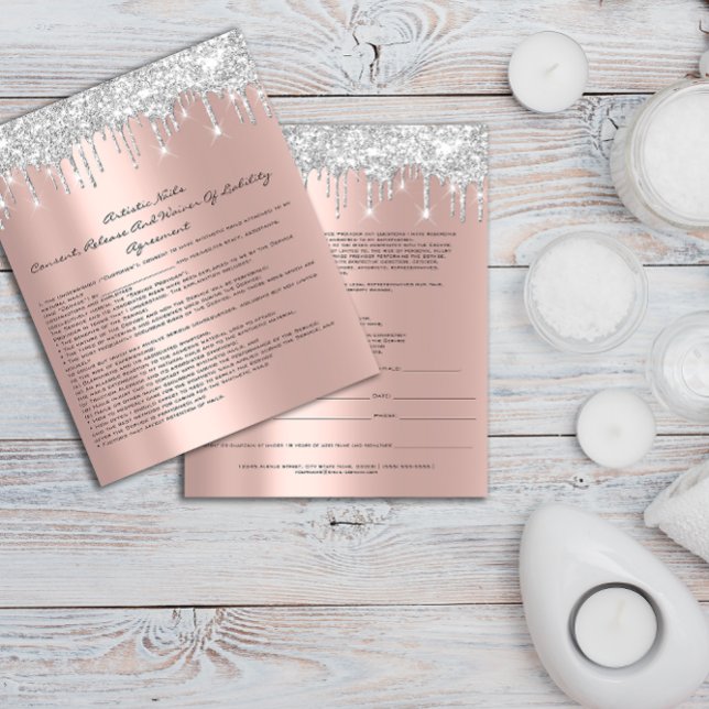 Flyer Renuncia de Responsabilidad del Artista de Uñas Ro (Nails Artist Liability Waiver Rose Blush Silver Flyer )