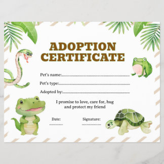 Flyer Reptiles adoptan un certificado de mascota editabl
