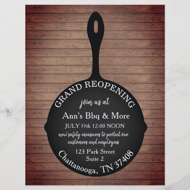 Flyer Restaurante Reabriendo Skillet Wood (Frente)