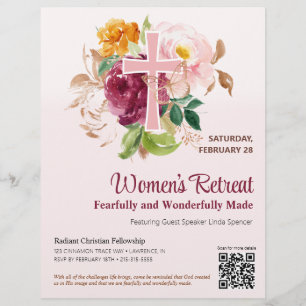 Flyer Retiro de mujeres de cruz floral rosa cristiana