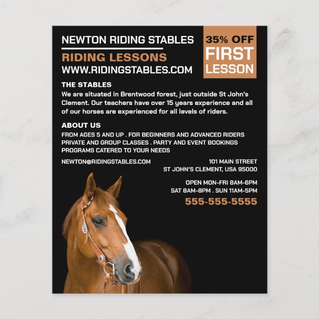 Flyer Retrato de caballo, instructor de equitación, Acad (Frente)