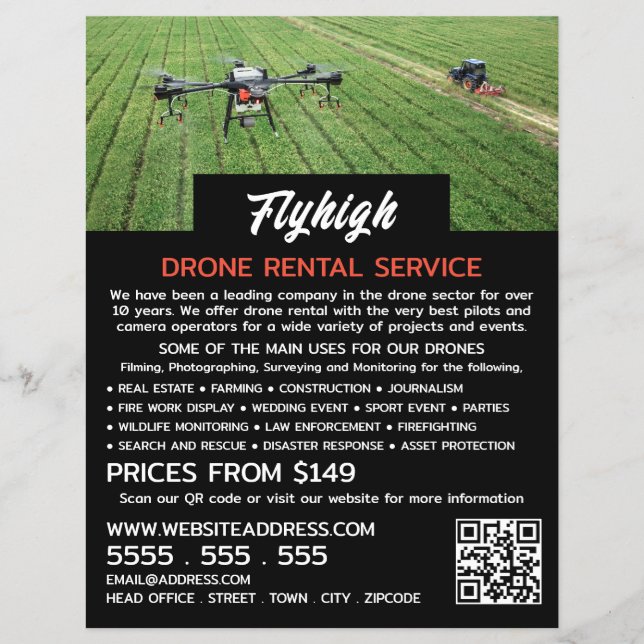 Flyer Retrato de drones cultivadores, empresa de alquile (Frente)