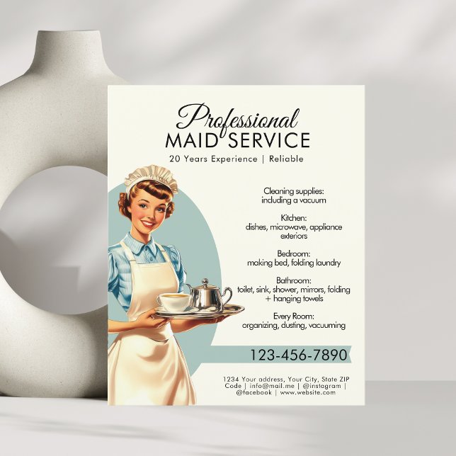 Flyer Retro del Servicio Profesional de Casas de las Cas (Professional Maid Housekeeping Service Retro Flyer)