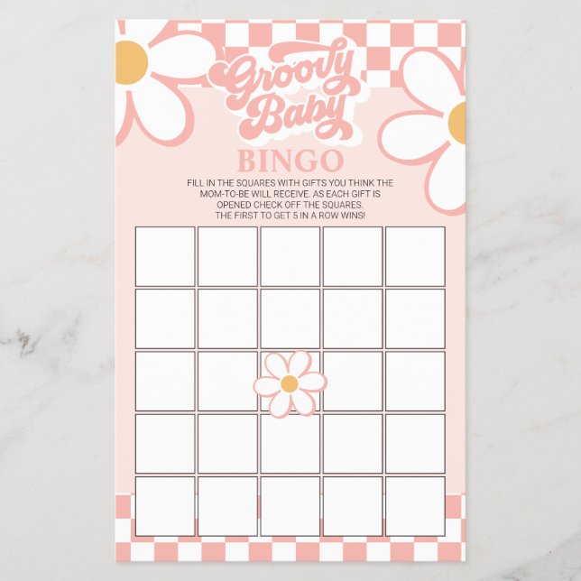 Flyer Retro Pink Check daisy Bingo de Baby Shower (Frente)