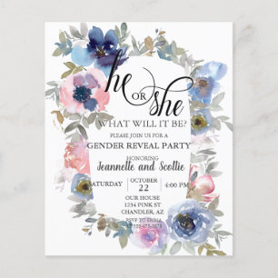 Flyer Revelación de Género de Flor Rosa Azul Acuarela Ch
