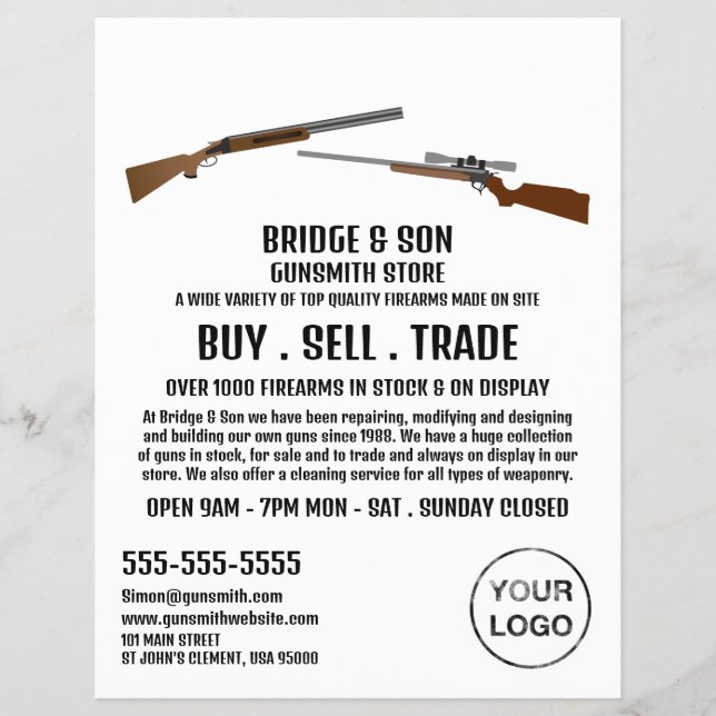 Flyer Rifle & Shotgun, Gunsmith, anuncio de tienda de ar (Frente)