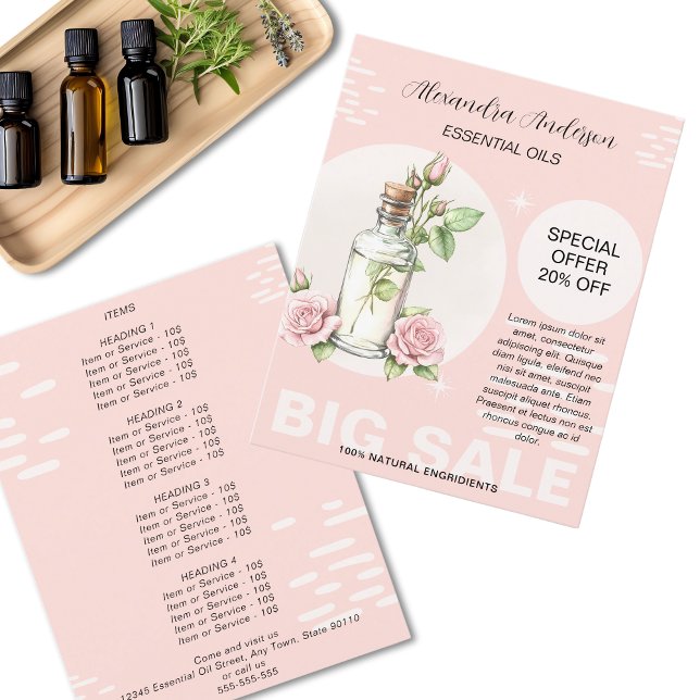 Flyer Rosa Aceites Esenciales Acuarela Frasco Floral Pro (Rose Essential Oils Watercolor Floral Bottle Promo Flyer)