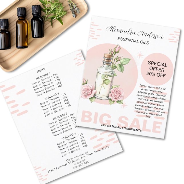 Flyer Rosa Aceites Esenciales Acuarela Frasco Floral Pro (Rose Essential Oils Watercolor Floral Bottle Promo Flyer)