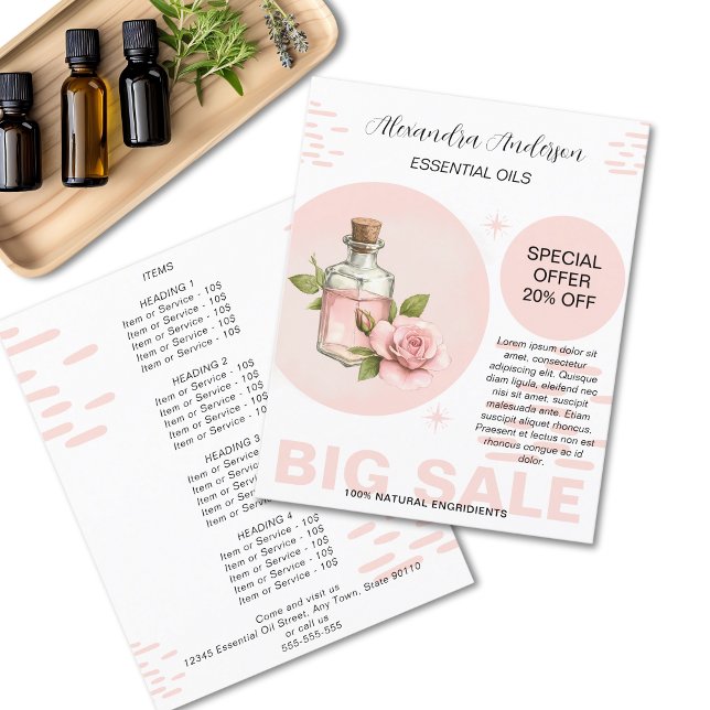 Flyer Rosa Aceites Esenciales Watercolor Floral Promo (Rose Essential Oils Watercolor Floral Promo Flyer)