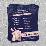 Flyer Rosa de limpieza de casas Dorado de la Marina<br><div class="desc">Servicio De Limpieza Doméstica Rosa Volantes Gold & Navy Blue House.</div>