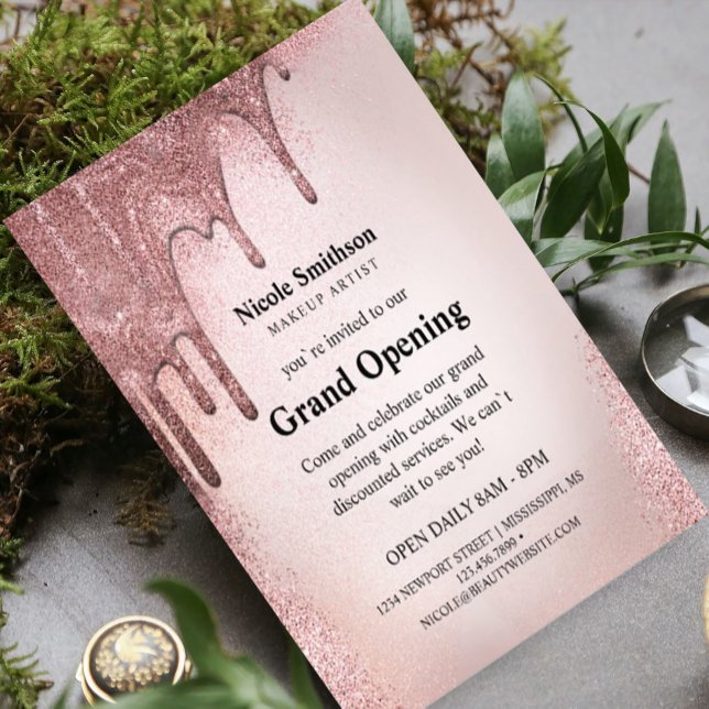 Flyer Rosa de maquillaje Purpurina de oro Glam Grand Ope (Makeup Artist Rose Gold Glitter Glam Grand Opening #makeupartist #rosegoldglitter #rosegolddripping)