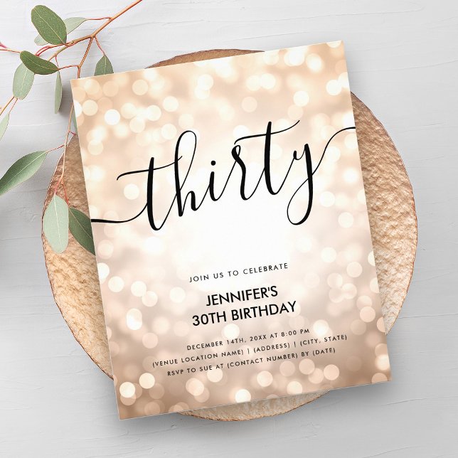 Flyer Rosa de Oro del PRESUPUESTO Moderno enciende 30 cu (Modern BUDGET Rose Gold Lights 30th Birthday)
