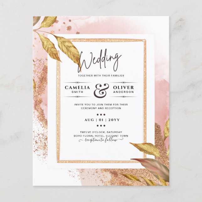 Flyer ROSA DE PRESUPUESTO Oro Saltos Boda Invitar Código (Frente)