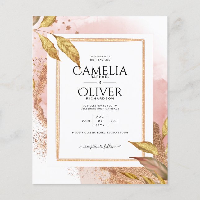 Flyer ROSA DE PRESUPUESTO Oro Saltos Boda Invitar Código (Frente)