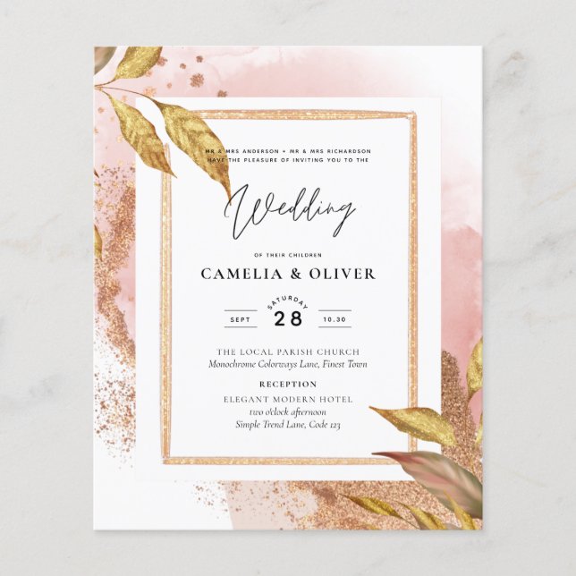 Flyer ROSA DE PRESUPUESTO Oro Saltos Boda Invitar Código (Frente)