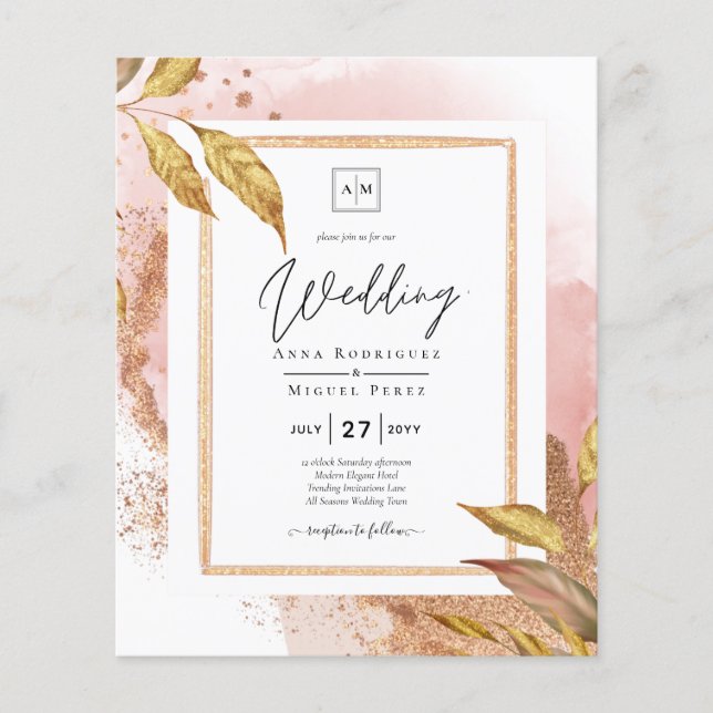 Flyer ROSA DE PRESUPUESTO Oro Saltos Boda Invitar Código (Frente)