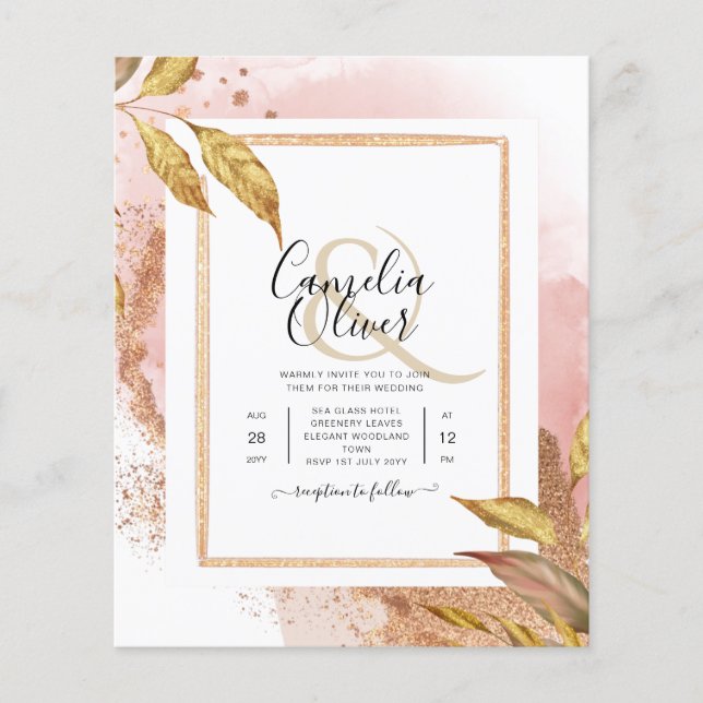 Flyer ROSA DE PRESUPUESTO Oro Saltos Boda Invitar Código (Frente)