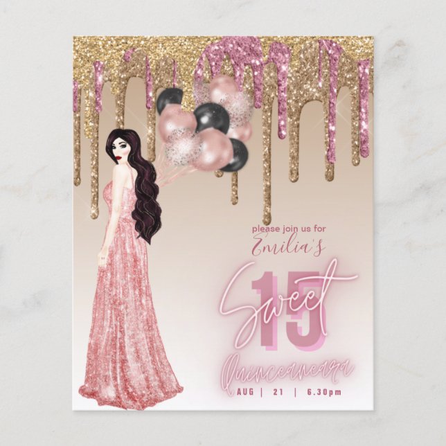 Flyer Rosa de presupuesto Purpurina de oro Quinceanera B (Frente)