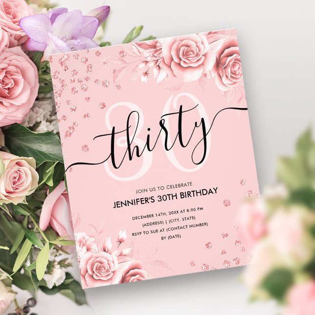 Flyer Rosa de presupuesto Purpurina floral Gold 30 cumpl (Budget Rose Gold Floral Glitter 30th Birthday Flyer)
