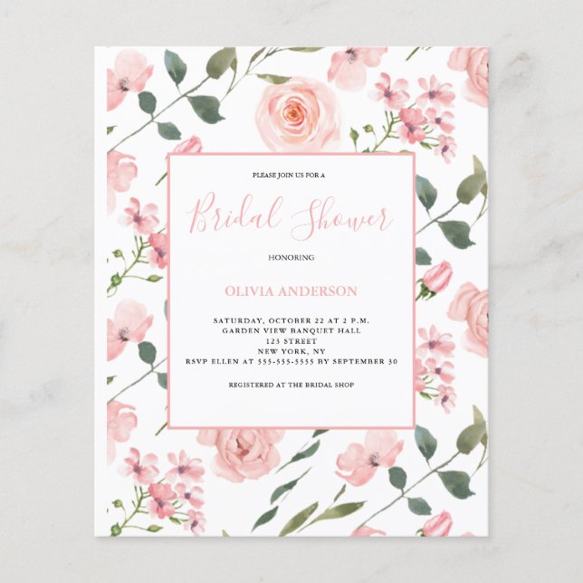 Flyer Rosa de presupuesto Rubor Floral Bridal Shower (Frente)