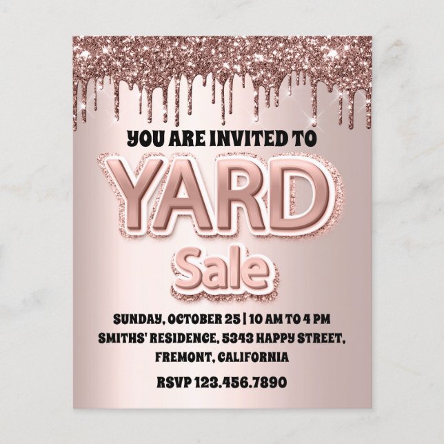 Flyer Rosa de venta de yard en polvo Purpurinas de Rubor (Frente)