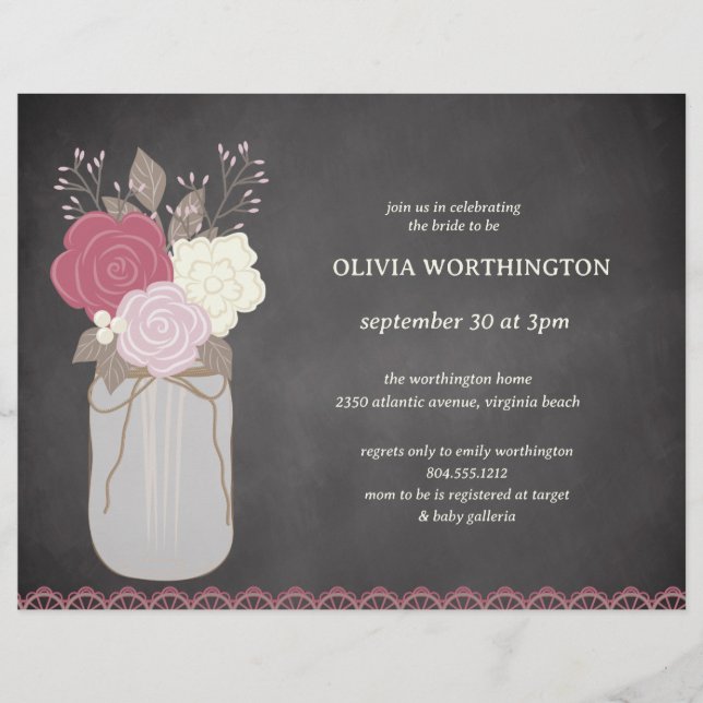 Flyer Rosa floral barato Mason Jar Bridal Shower (Frente)
