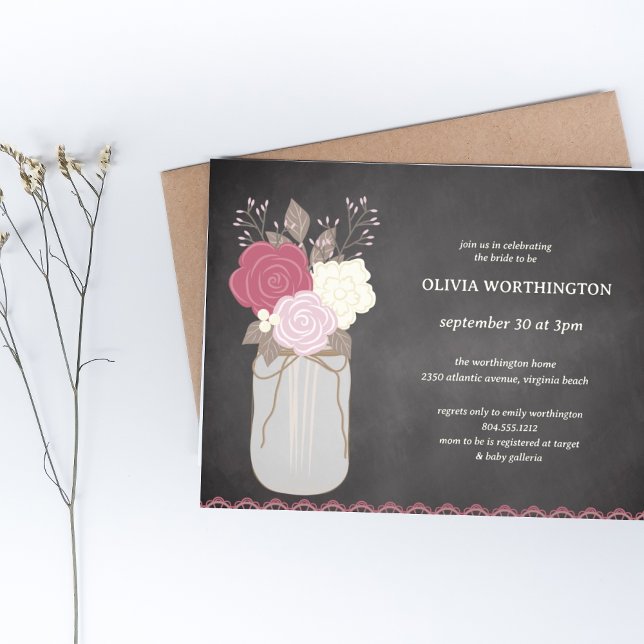 Flyer Rosa floral barato Mason Jar Bridal Shower (Subido por el creador)