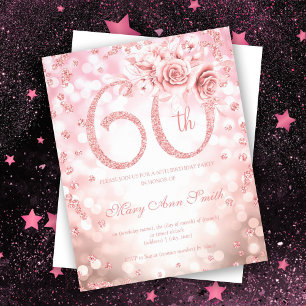 Flyer Rosa Floral de oro 60.ª Invitación a la luz de cum