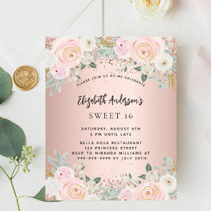 Flyer Rosa flores de oro Sweet 16 invitación para presup