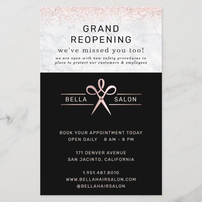 Flyer Rosa Gold Hair Salon Gran Reapertura Covid Segurid (Frente)