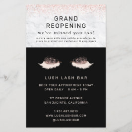 Flyer Rosa Gold Lash Salon Grand Reopen Covid Seguridad