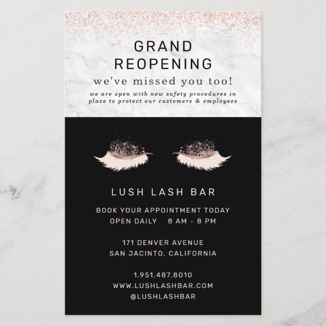 Flyer Rosa Gold Lash Salon Grand Reopen Covid Seguridad (Frente)