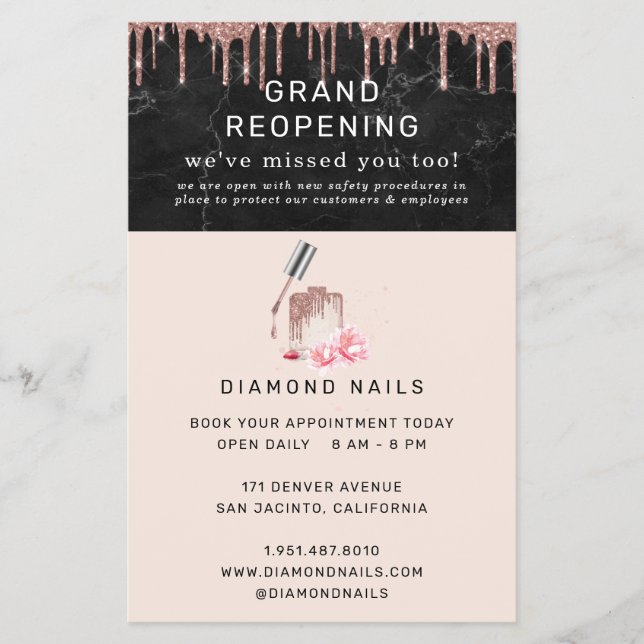 Flyer Rosa Gold Nail Salon Grand ReOpening Covid Safety (Frente)