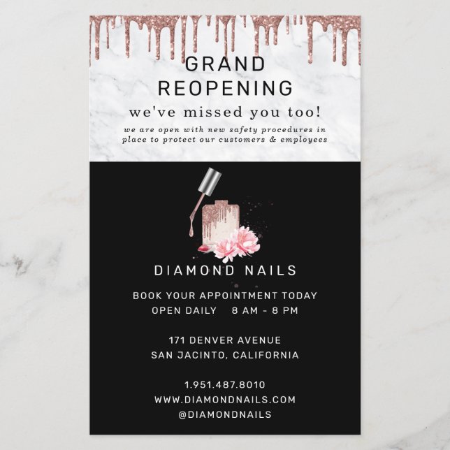 Flyer Rosa Gold Nail Salon Grand ReOpening Covid Safety (Frente)