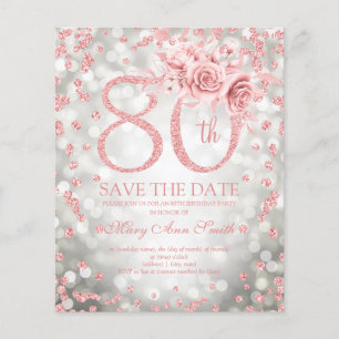 Flyer Rosa Gold Silver Floral 80 Cumpleaños Guardar la f