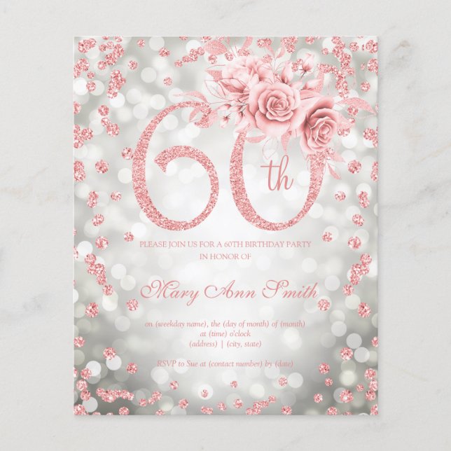 Flyer Rosa Plata Dorada Floral 60° Luces de Cumpleaños (Frente)