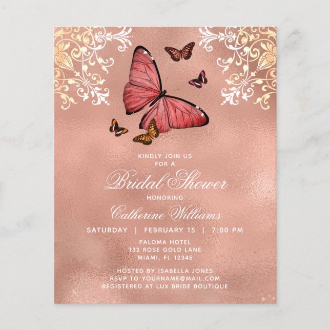 Flyer Rosa Presupuestario Mariposa Dorada Floral Bridal  (Frente)