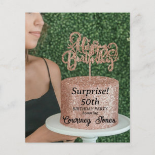 Flyer Rosa Purpurina de oro Pastel de cumpleaños 50 cump