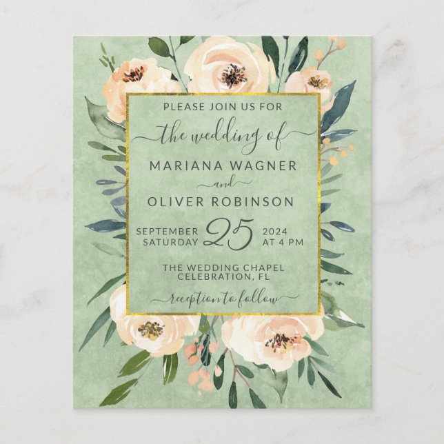 Flyer Rosas Beige-Floral de presupuesto Boda Verde de la (Frente)