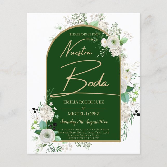 Flyer Rosas Blancas de Verano Arco de Boda Verde Esmeral (Frente)